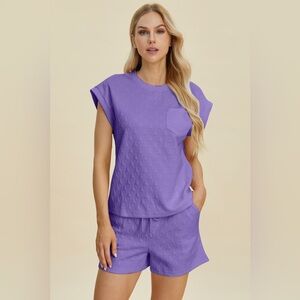 Double Take Full Size Pocketed Texture Round Neck Top and Shorts Set